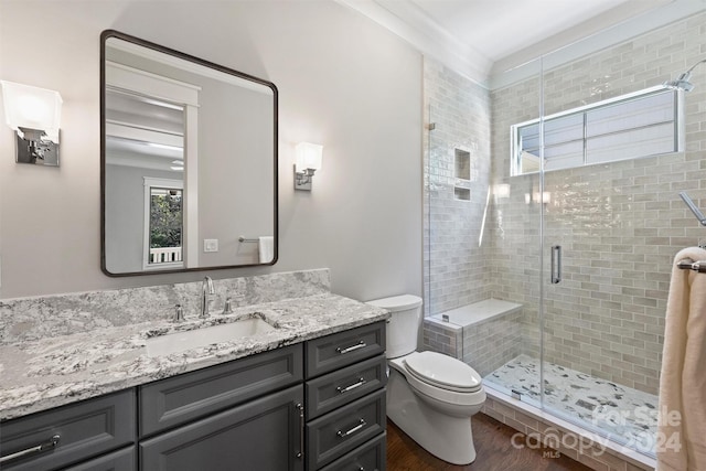 bathroom with vanity, toilet, a shower with shower door, and wood-type flooring