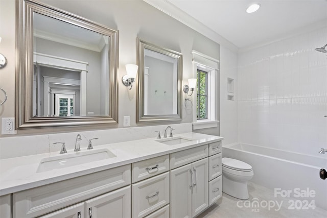 full bathroom featuring vanity, toilet, ornamental molding, and washtub / shower combination