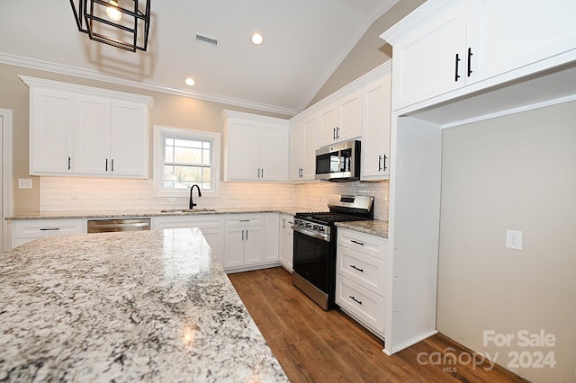 kitchen featuring white cabinets, sink, dark hardwood / wood-style floors, light stone countertops, and appliances with stainless steel finishes