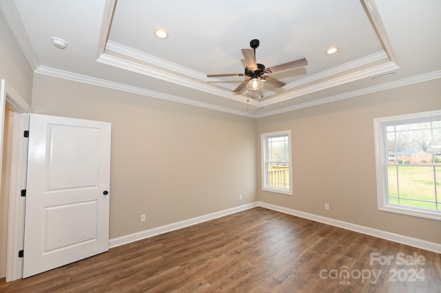 spare room featuring dark hardwood / wood-style floors, a healthy amount of sunlight, and a raised ceiling