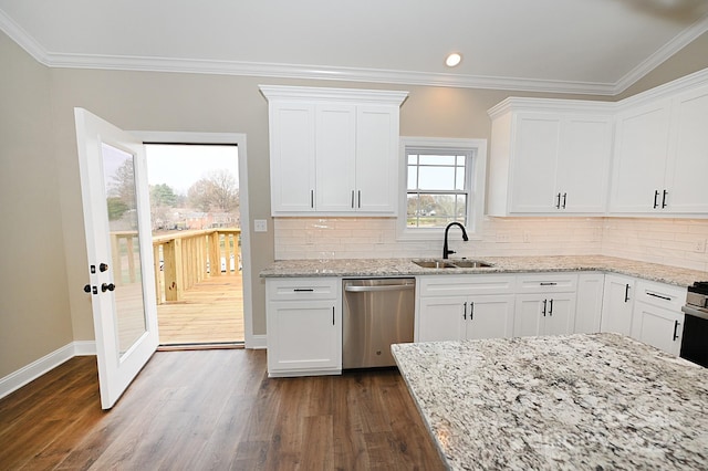 kitchen with stainless steel dishwasher, dark hardwood / wood-style floors, white cabinetry, and sink