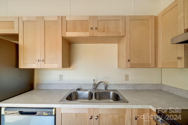 kitchen with stainless steel appliances, sink, light brown cabinets, and ventilation hood