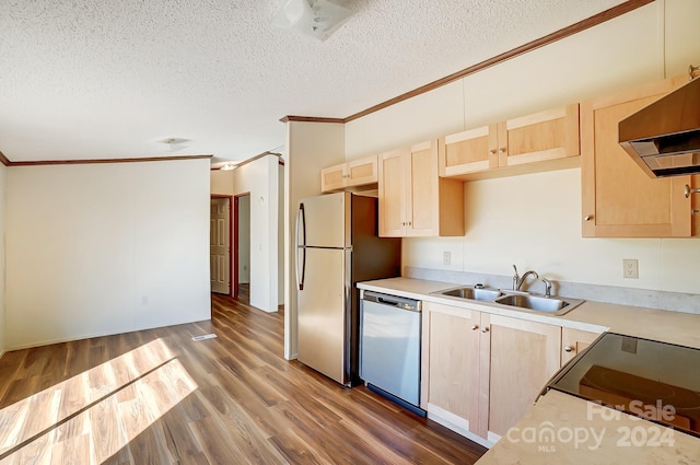 kitchen featuring light brown cabinets, a textured ceiling, dark wood-type flooring, sink, and stainless steel appliances