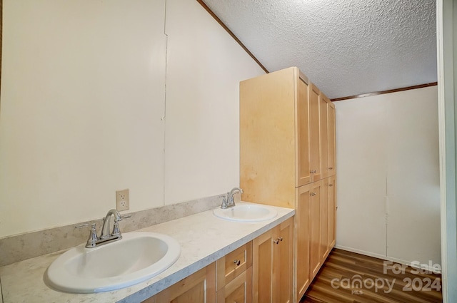 bathroom featuring vanity, a textured ceiling, and wood-type flooring