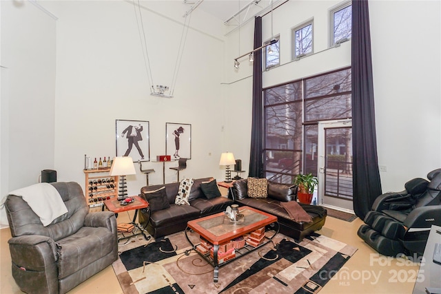 living room featuring a high ceiling