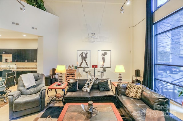 living room with a towering ceiling and rail lighting