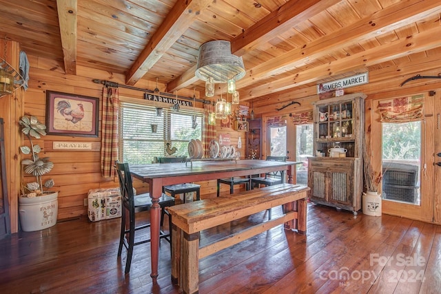 dining room featuring plenty of natural light, wooden walls, and dark hardwood / wood-style flooring