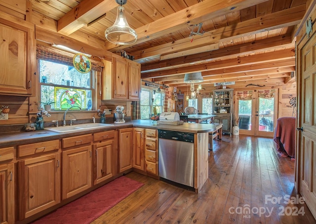 kitchen featuring beam ceiling, stainless steel dishwasher, and a wealth of natural light