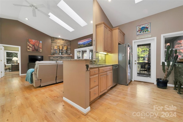 kitchen featuring light hardwood / wood-style floors, kitchen peninsula, stainless steel appliances, and sink