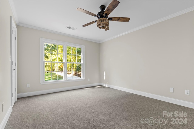 spare room featuring crown molding, carpet, and ceiling fan