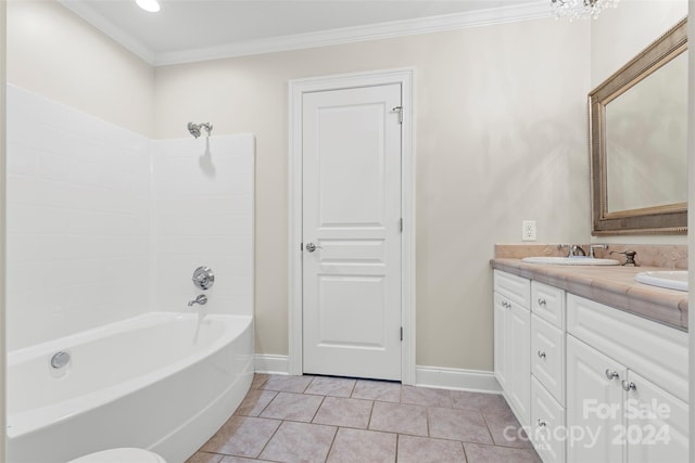 bathroom with vanity, ornamental molding, tile patterned flooring, and shower / bath combination