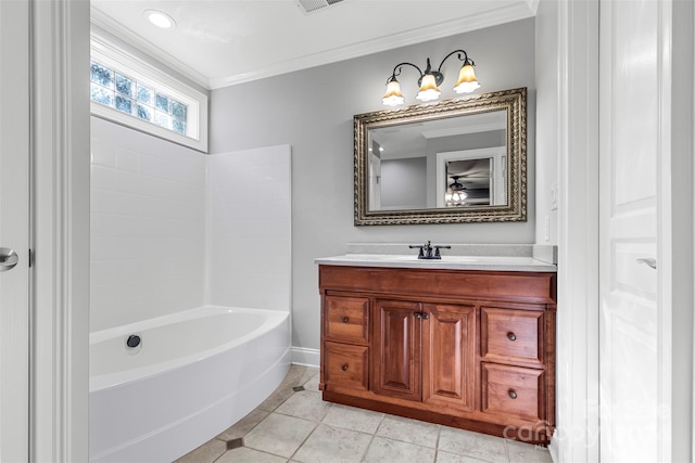 bathroom featuring shower / bathing tub combination, vanity, ornamental molding, and tile patterned floors