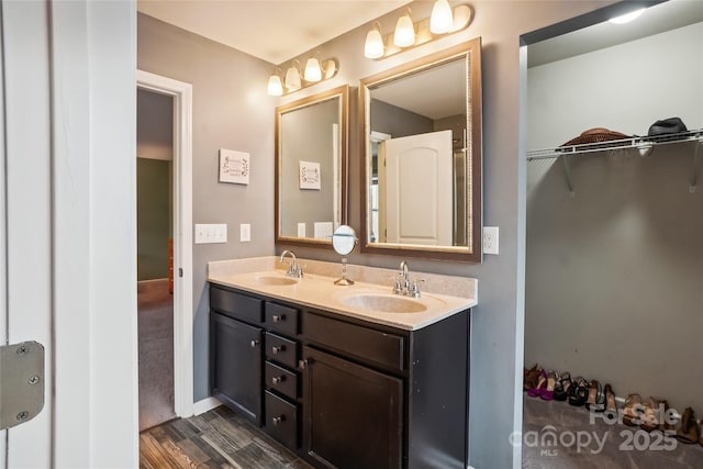 full bathroom with double vanity, wood finished floors, and a sink