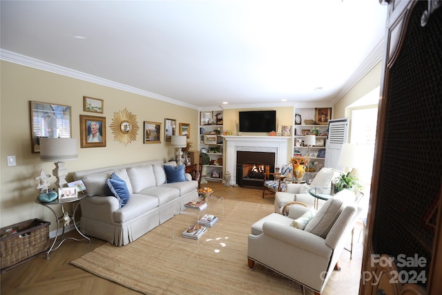 living room featuring parquet flooring and ornamental molding