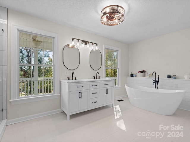 bathroom with vanity, a bathing tub, and a textured ceiling