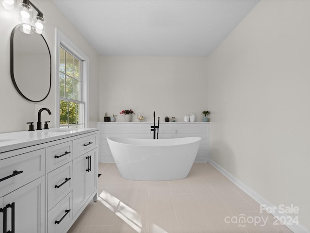 bathroom featuring vanity and a washtub