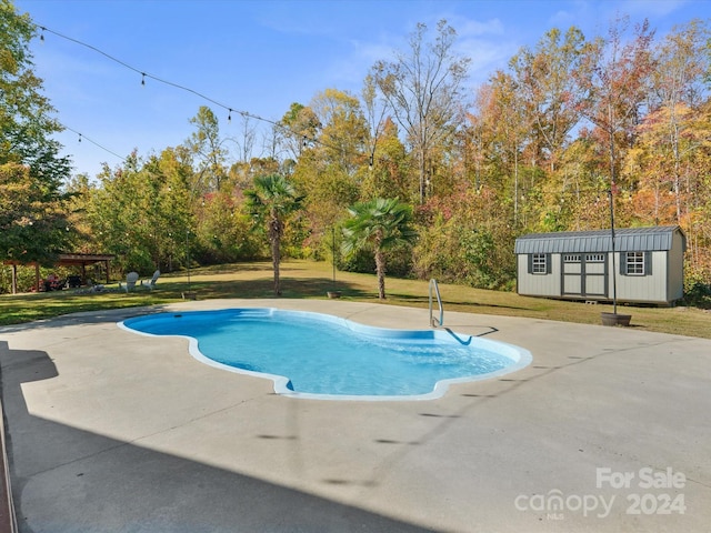 view of pool featuring a shed, a yard, and a patio