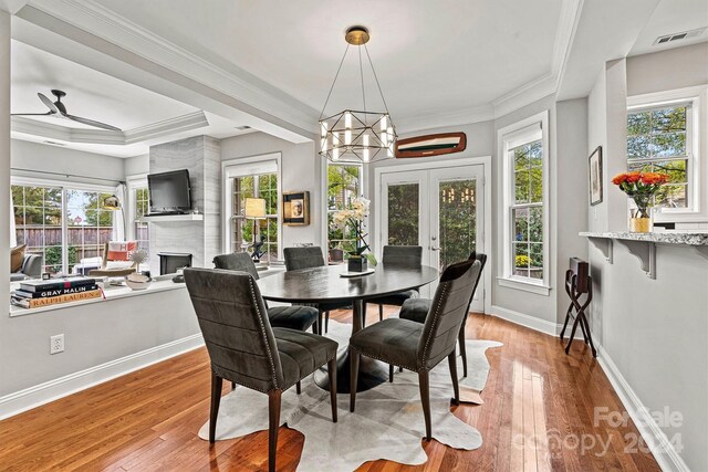 dining area featuring light hardwood / wood-style flooring, ceiling fan with notable chandelier, ornamental molding, and plenty of natural light