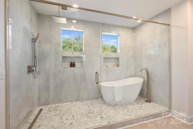 bathroom with plus walk in shower and hardwood / wood-style flooring