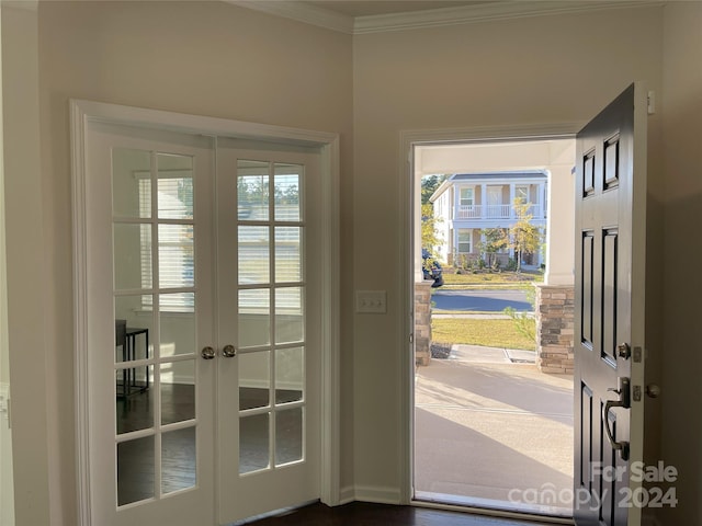 doorway featuring a wealth of natural light, ornamental molding, french doors, and dark wood-type flooring