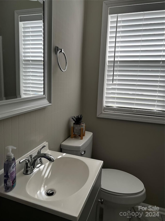 bathroom featuring toilet, vanity, and plenty of natural light