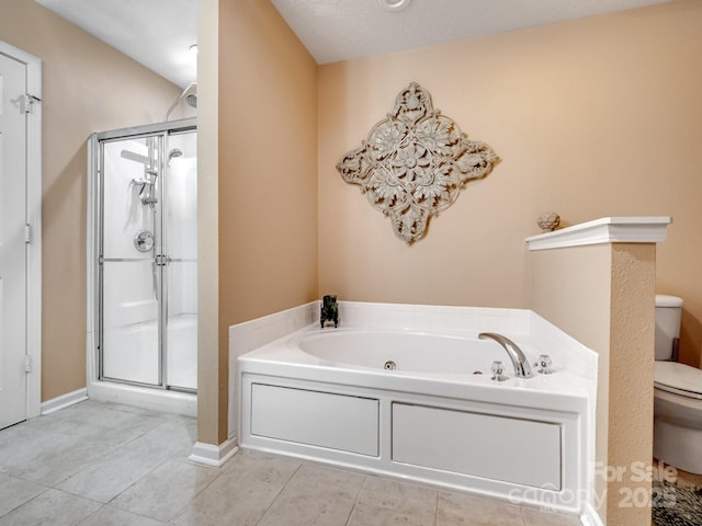 bathroom with independent shower and bath, tile patterned floors, a textured ceiling, and toilet