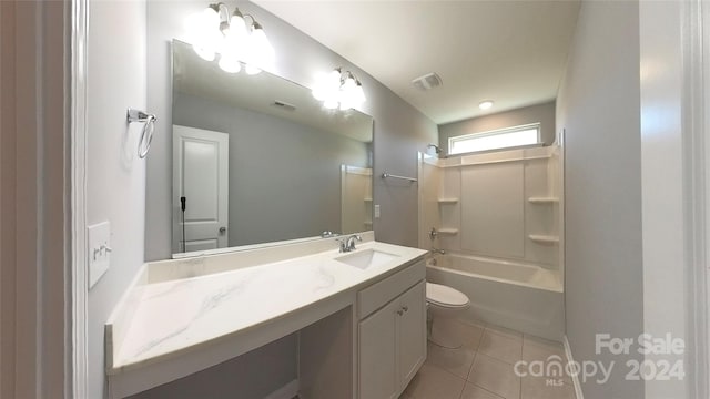 full bathroom featuring shower / bath combination, vanity, toilet, and tile patterned flooring