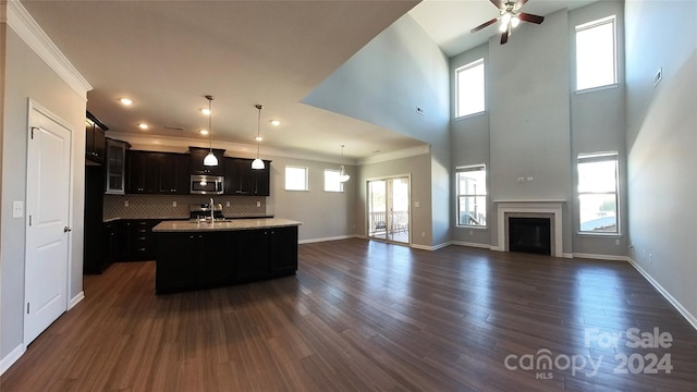 kitchen featuring dark wood-type flooring, a healthy amount of sunlight, and a center island with sink