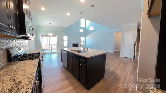 kitchen with a center island with sink, light wood-type flooring, stainless steel appliances, sink, and decorative light fixtures