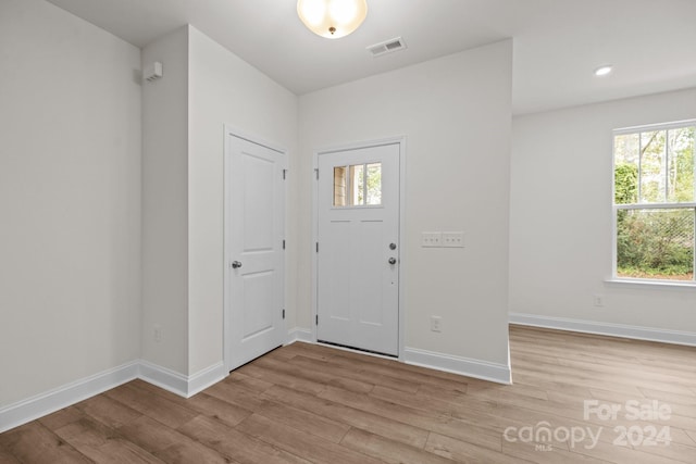 entryway with a wealth of natural light and light hardwood / wood-style flooring