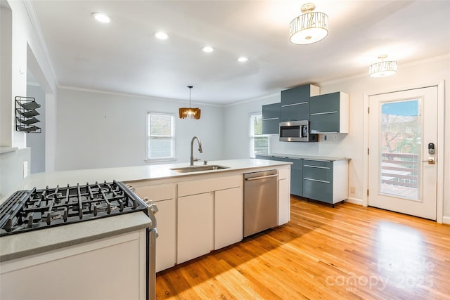 kitchen featuring sink, crown molding, decorative light fixtures, stainless steel appliances, and light hardwood / wood-style floors