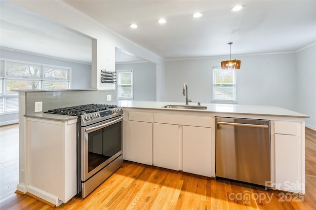 kitchen with white cabinetry, sink, light hardwood / wood-style flooring, and stainless steel appliances