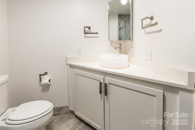 bathroom with vanity, wood-type flooring, and toilet