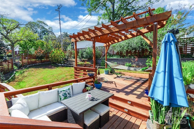 deck with a pergola, a yard, and outdoor lounge area