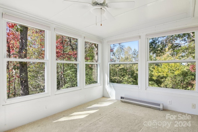 unfurnished sunroom featuring baseboard heating, a healthy amount of sunlight, and ceiling fan