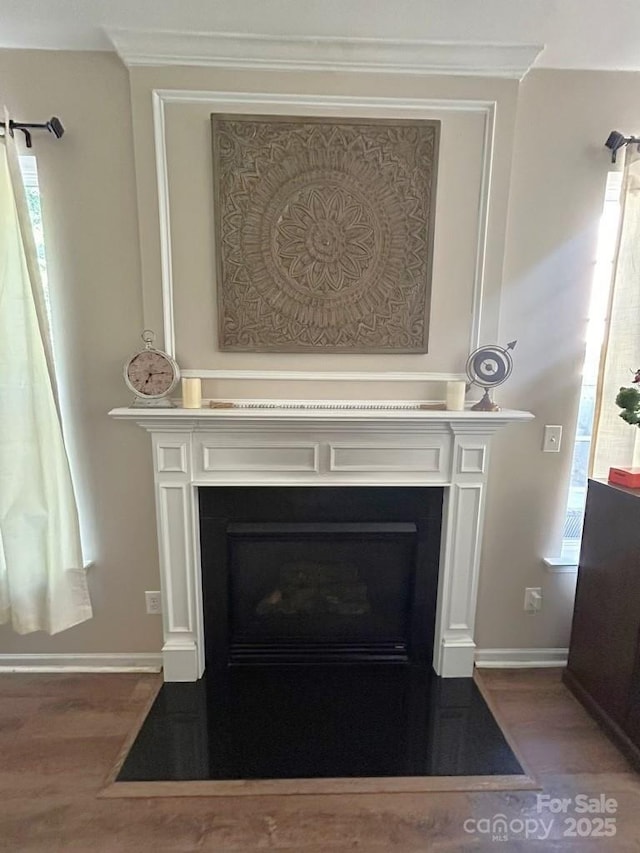 interior details featuring hardwood / wood-style floors and crown molding