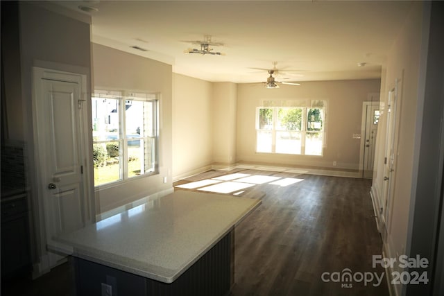 interior space featuring baseboards, dark wood-type flooring, visible vents, and ceiling fan