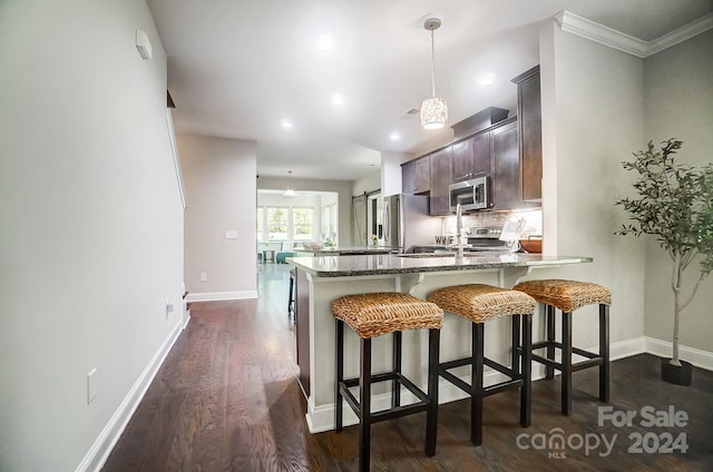 kitchen with kitchen peninsula, dark brown cabinets, appliances with stainless steel finishes, dark hardwood / wood-style floors, and crown molding