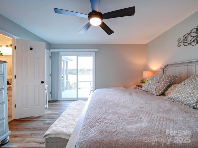 bedroom with light wood-type flooring, access to outside, and ceiling fan