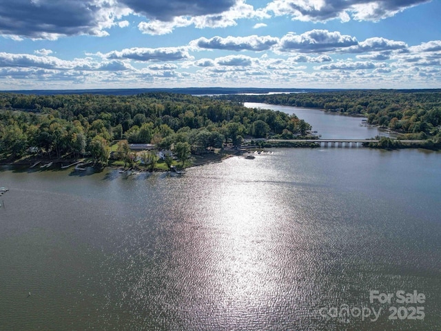 birds eye view of property with a water view and a wooded view