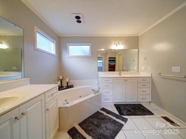 bathroom with ornamental molding, tile patterned flooring, two vanities, and a jetted tub