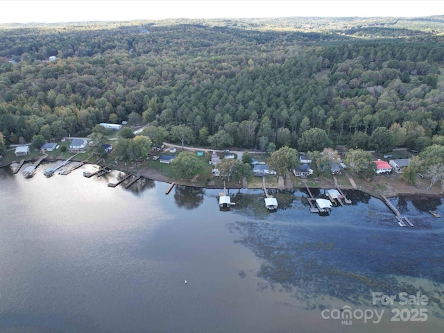 drone / aerial view with a water view and a wooded view