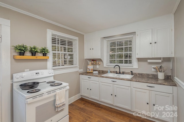 kitchen with dark wood-type flooring, ornamental molding, sink, white electric stove, and white cabinets