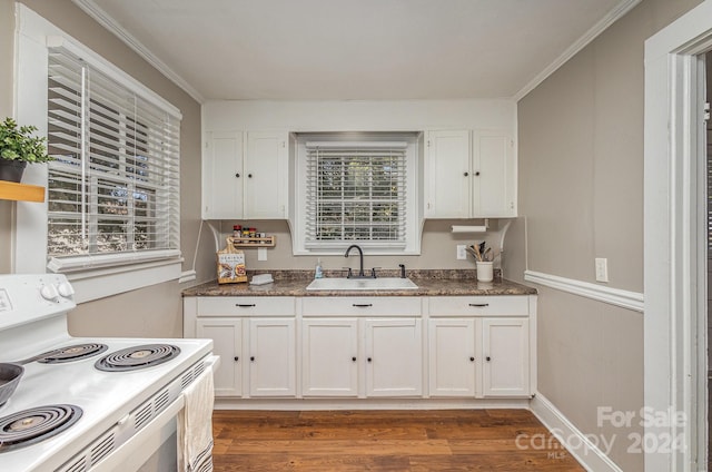 kitchen with white cabinets, ornamental molding, dark hardwood / wood-style floors, sink, and white range