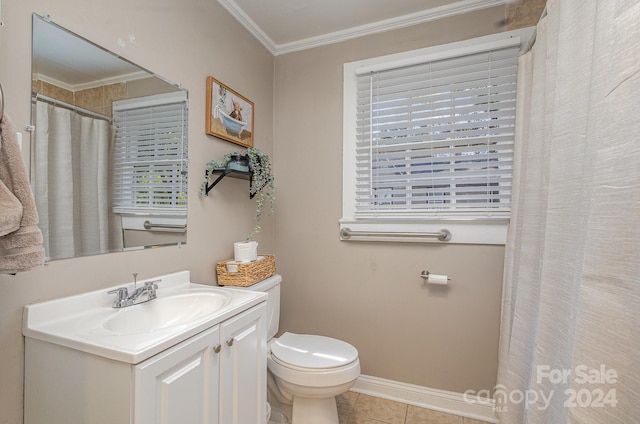 bathroom featuring vanity, ornamental molding, toilet, and tile patterned flooring