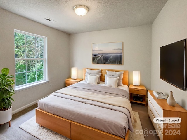 bedroom with carpet flooring and a textured ceiling