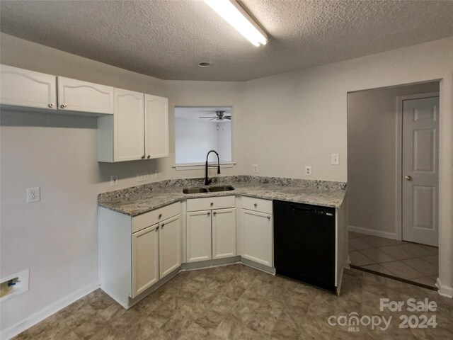 kitchen with dishwasher, sink, white cabinets, a textured ceiling, and ceiling fan