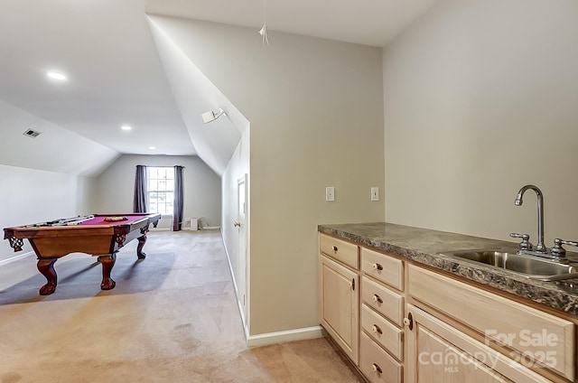 recreation room with lofted ceiling, sink, and pool table