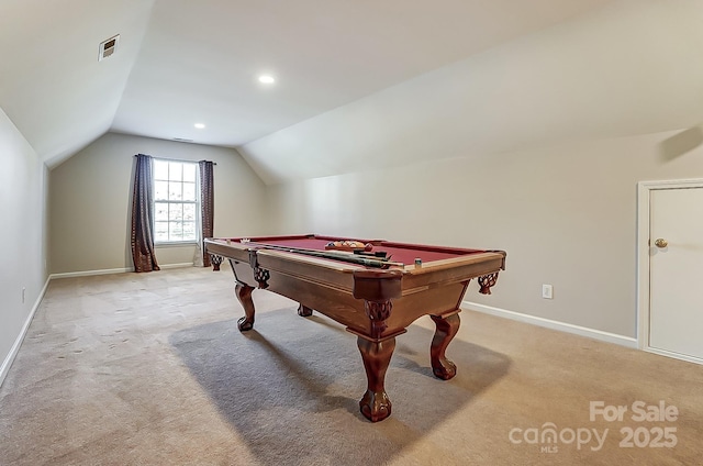 playroom with light colored carpet, lofted ceiling, and pool table