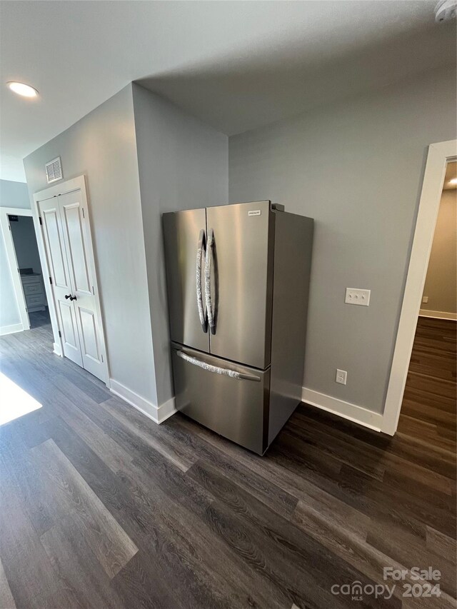 560 2nd St, Chester, SC 29706 - kitchen with visible vents, baseboards, freestanding refrigerator, and dark wood finished floors